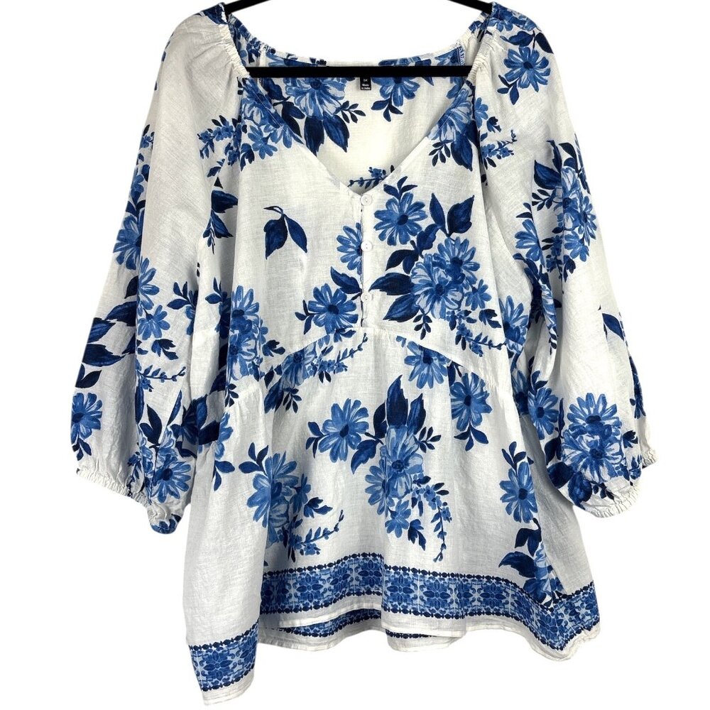 Unique Spectrum Blouse Women’s 3X White Blue Floral Peasant Boho Cotton Top